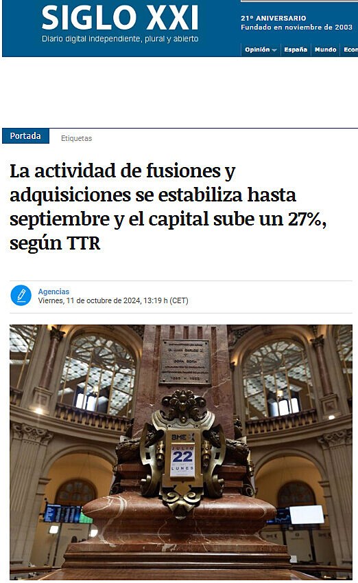 La actividad de fusiones y adquisiciones se estabiliza hasta septiembre y el capital sube un 27%, segn TTR